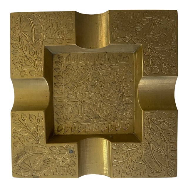 Vintage Hand-Engraved Solid Brass Ashtray, Made in India For Sale