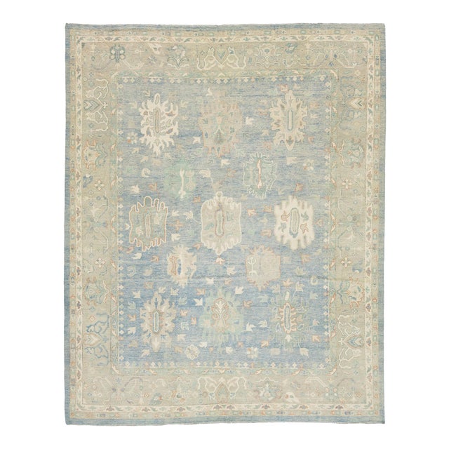 Modern Hand-Knotted Oushak Style Wool Area Rug in Soft Blue, Ivory & Terracota For Sale