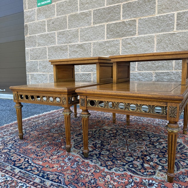 Mid 20th Century Vintage Gordon's Fine Furniture French Louis XVI Walnut Step Back Side Tables With Italian Marble Inserts - A Pair For Sale - Image 5 of 18