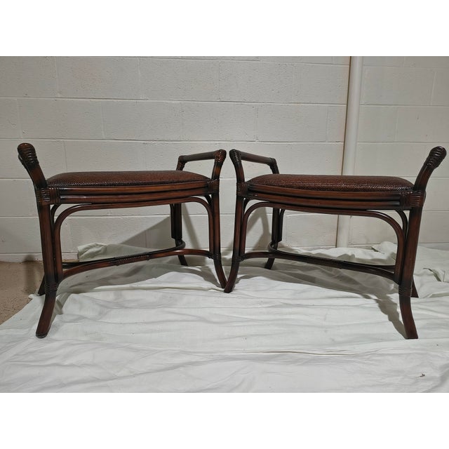 Brown Pair of Rattan Benches Made in Phillipines Tobacco Brown For Sale - Image 8 of 12
