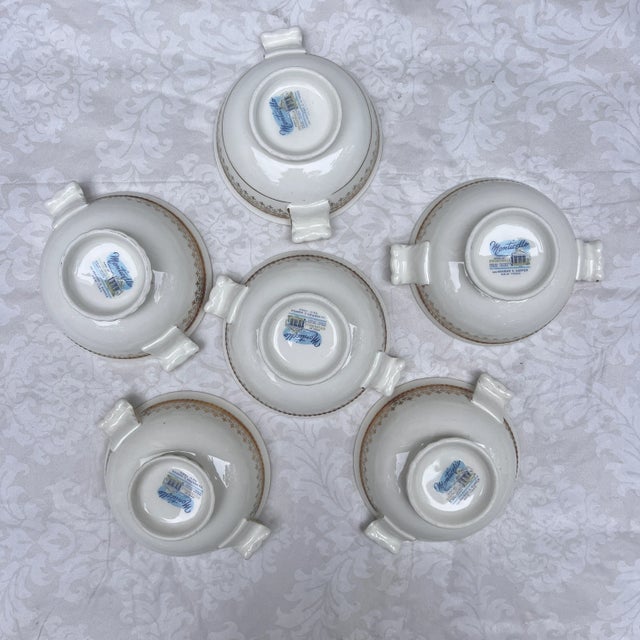 Metal Rare 1930s "Monticello" Ivory Footed Cream Soups and Underplates With Gold Trim by Steubenville for Herman C. Kupper New York, Set of 6 For Sale - Image 7 of 13