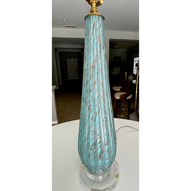 Glass Barbini Murano Blue Copper Ribbed Glass Table Lamp For Sale - Image 7 of 18