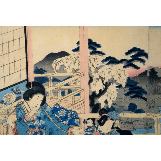 Elegant Amusements of Eastern Genji - Japanese Triptych Woodblock Print on Paper by Utagawa Kunisada (Toyokuni Iii) For Sale In Monterey, CA - Image 6 of 11