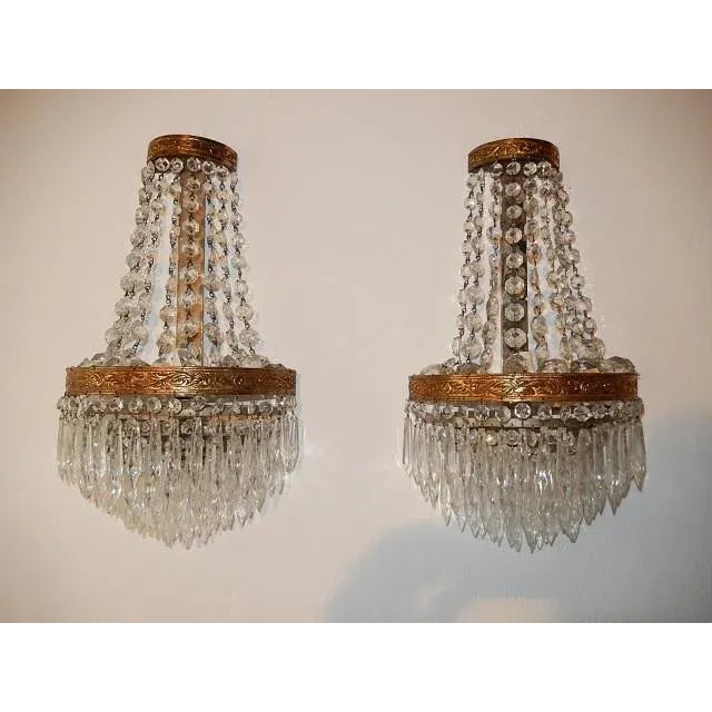 French Empire Seven Tiers Crystal Prism Sconces, Circa 1930 For Sale - Image 10 of 10