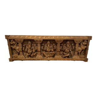 Vintage South Indian Hand-Carved Wood Ganesha Architectural Panel – 36" Wall Art For Sale