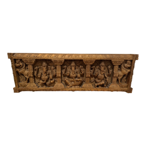 Vintage South Indian Hand-Carved Wood Ganesha Architectural Panel – 36" Wall Art