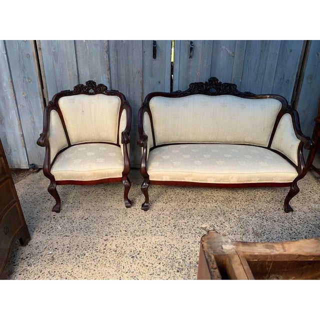 Early 20th Century Antique Victorian Style Carved Walnut Parlor Set, Loveseat and Lounge Chair For Sale - Image 4 of 13