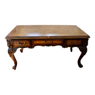 French Hand Carved Burled Wood Desk With Cabriole Legs For Sale