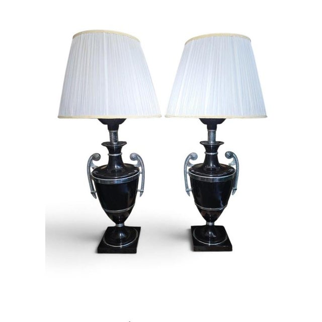 20th Century Art Deco Black Painted Metal Lamps with Chrome Handle, 1920, Set of 2 For Sale - Image 4 of 12