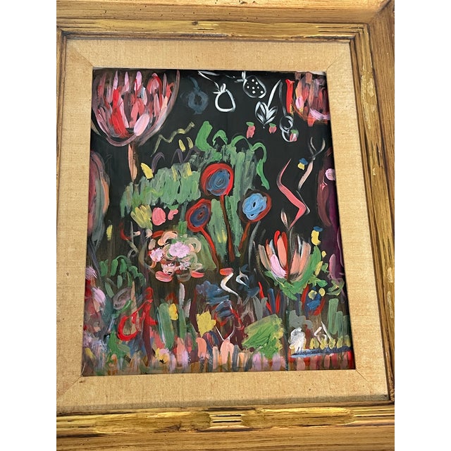 Abstract 1970s Abstract Modern Floral Painting Artist Signed in Antique Frame For Sale - Image 3 of 4