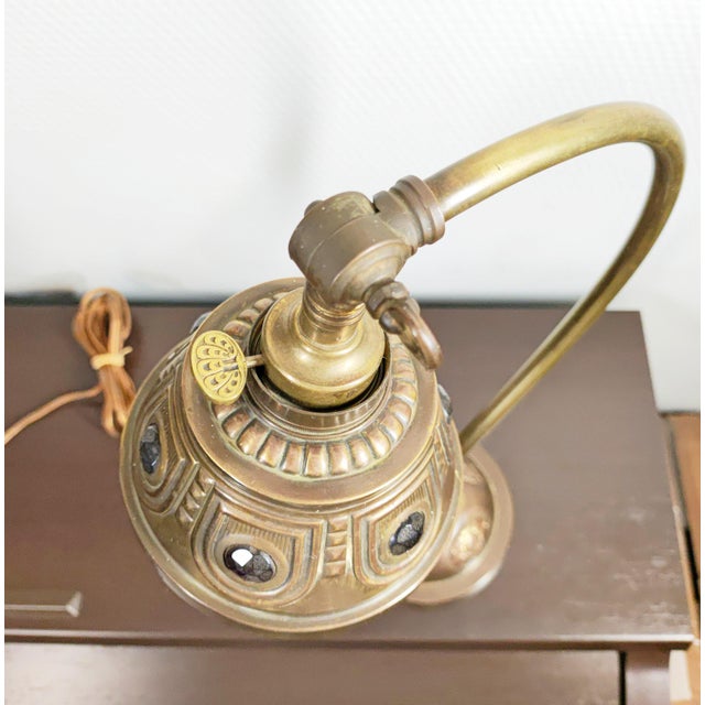 Art Deco Antique Art Deco Jeweled Brass Gooseneck Desk Lamp With Ruby Glass Cabochons, Circa 1920s For Sale - Image 3 of 9