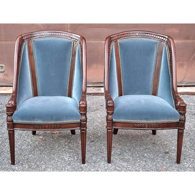 Traditional Pair of Hancock & Moore Georgian Style Mahogany and Blue Velvet Upholstered Chairs For Sale - Image 3 of 16