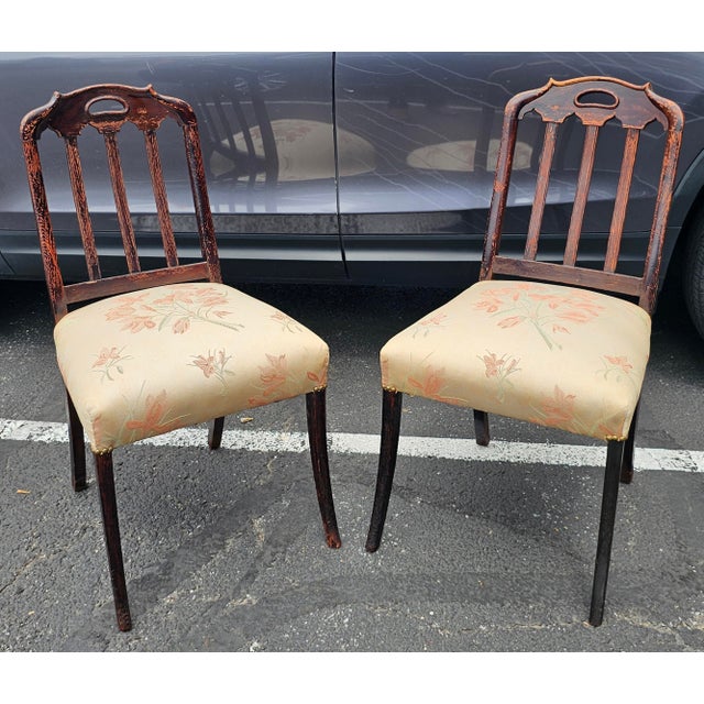 Pair of Edwardian Stained Oak and Upholstered Side Chairs, Circa 1900s For Sale - Image 4 of 10