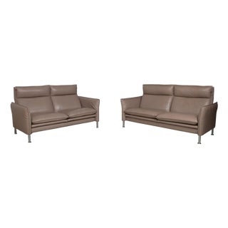 Brown Taupe Leather Porto Three-Seater and Two-Seater Sofas with Manual Function from Erpo, Set of 2 For Sale