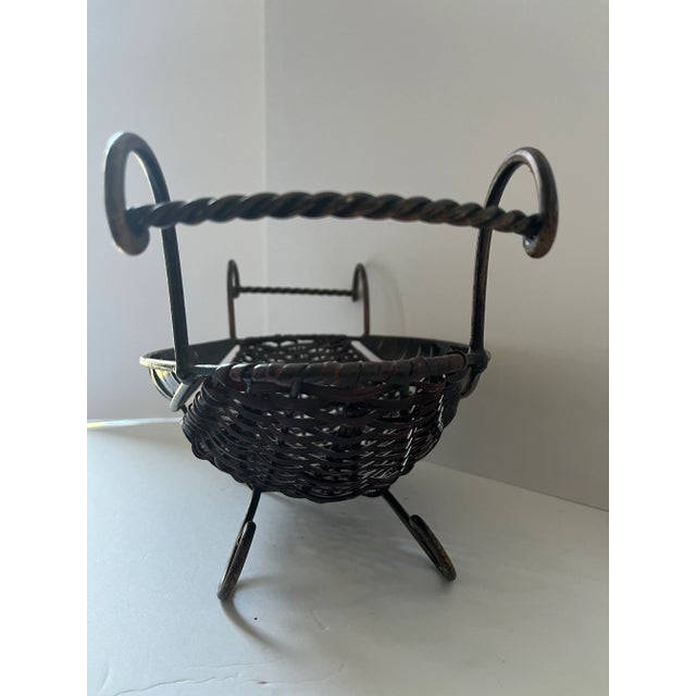 Late 20th Century Vintage Boho Style Wicker & Metal Footed Basket Metal Handles For Sale - Image 5 of 7