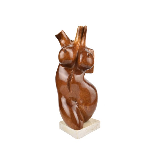 Mid 20th Century Wood Carved Nude Female Torso Sculpture on Stone Base by Amalina For Sale - Image 12 of 12