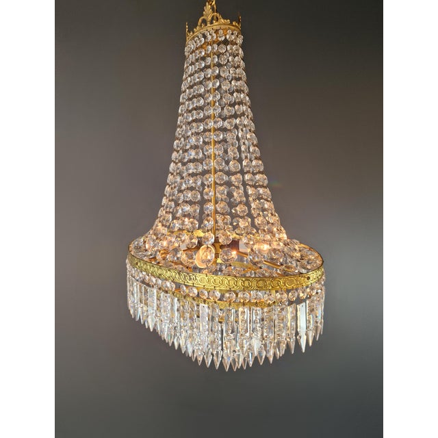 Antique Art Nouveau Low Oval Plafonnier Crystal Chandelier Brass Lustre Ceiling For Sale - Image 12 of 13