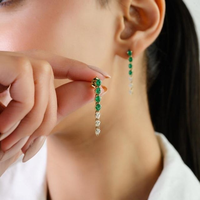 Contemporary Contemporary Emerald Diamond Wedding Dangle Earrings in 14k Gold- A Pair For Sale - Image 3 of 13