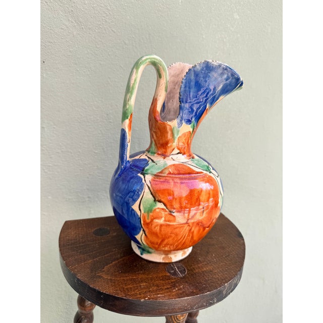 Late 20th Century Late 20c Mexican Folk Art Hand-Painted Ceramic Pitcher Ewer — Boho Mediterranean For Sale - Image 5 of 6