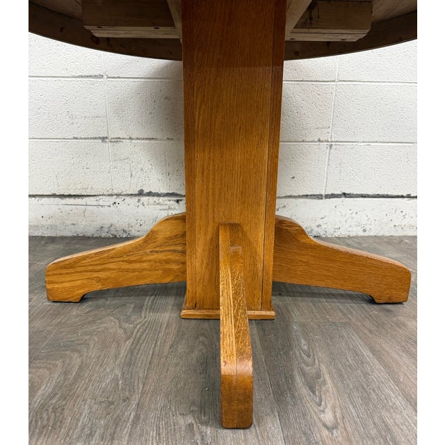 Mission Vintage Solid Oak Round Pedestal Dining Table For Sale - Image 3 of 11