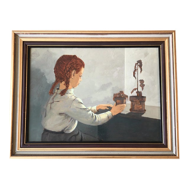 Vintage Original Still Life With Little Girl Painting Framed For Sale