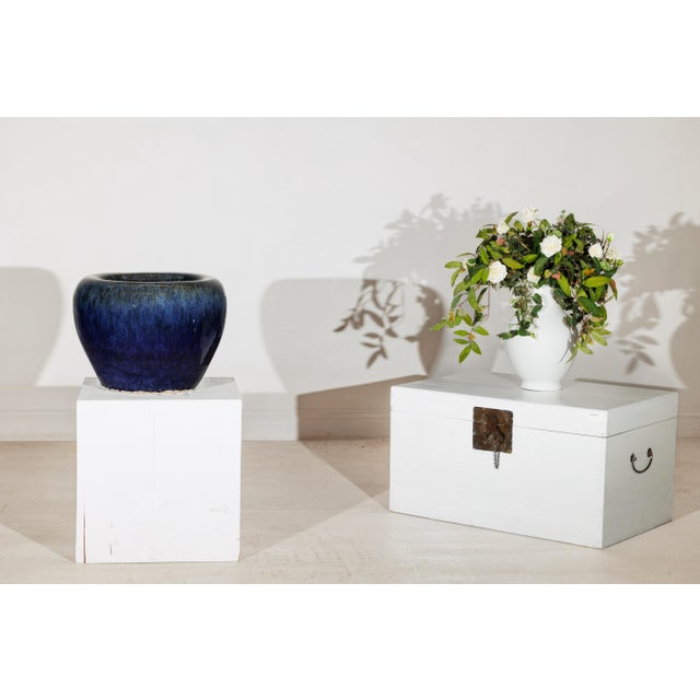 Vintage Chinese Blue-Glazed Ceramic Planter with Rounded Form and Brown Accents For Sale - Image 16 of 18