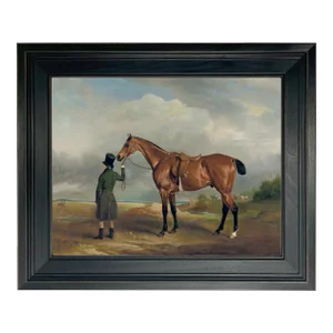 "Horse and His Groomer" Print on Canvas in Distressed Black Frame- an 11"x14" Framed to 14-1/2 X 17-1/2".