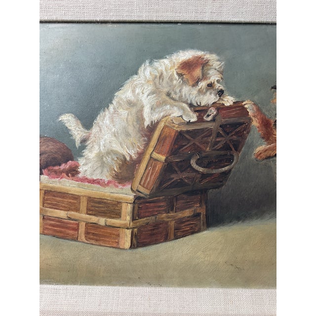 Antique Oil Painting on Board of playful pups in Nice Gold Gilt Frame. You can see how much fun these pups are having....