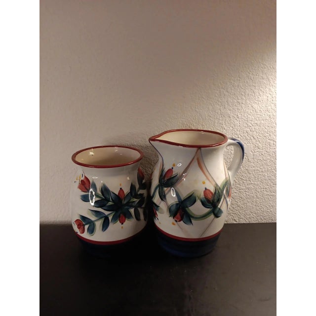 Ceramic 1980s Artist Signed Pair of Handpainted Stoneware Set of Canister & Pitcher. For Sale - Image 7 of 8