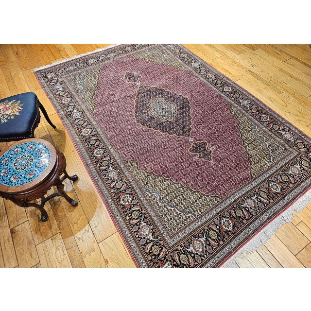Antique Persian Tabriz Mahi Rug, Hand-Knotted Wool & Silk, Herati Geometric Pattern, Pomegranate Red & Tan, 7x10 For Sale - Image 11 of 18