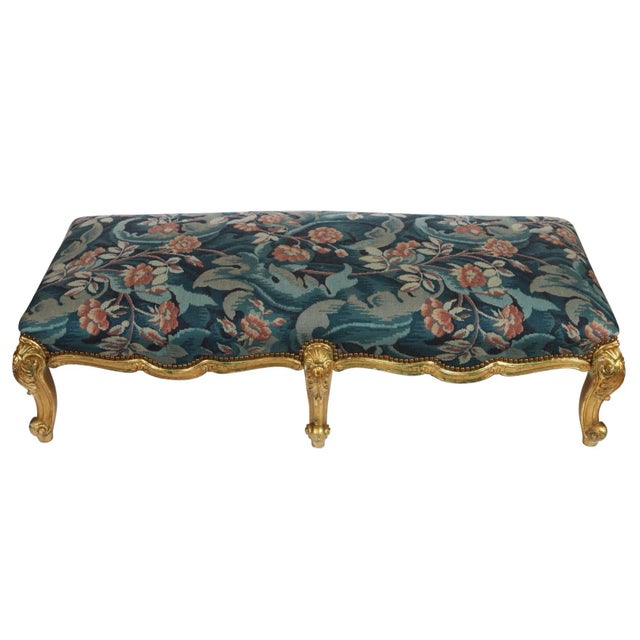 Mid 20th Century Carved White Oversized Ottoman With Aqua Fabric in Louis XV Style For Sale - Image 5 of 5