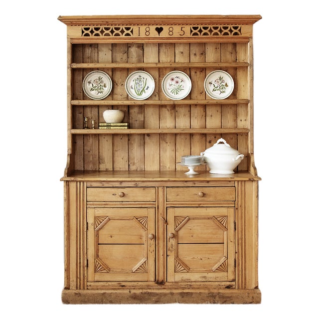 1885 Irish Pine Kitchen Dresser With Heart Motif & Pierced Plate Rack For Sale
