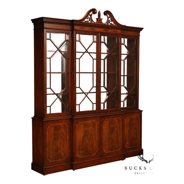 Karges English Style Mahogany Breakfront China Cabinet Display Bookcase with Carved Pediment and Silk Backing For Sale