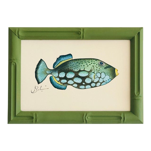 Original Hand-Painted Green Fish Painting in a Handpainted Frame For Sale