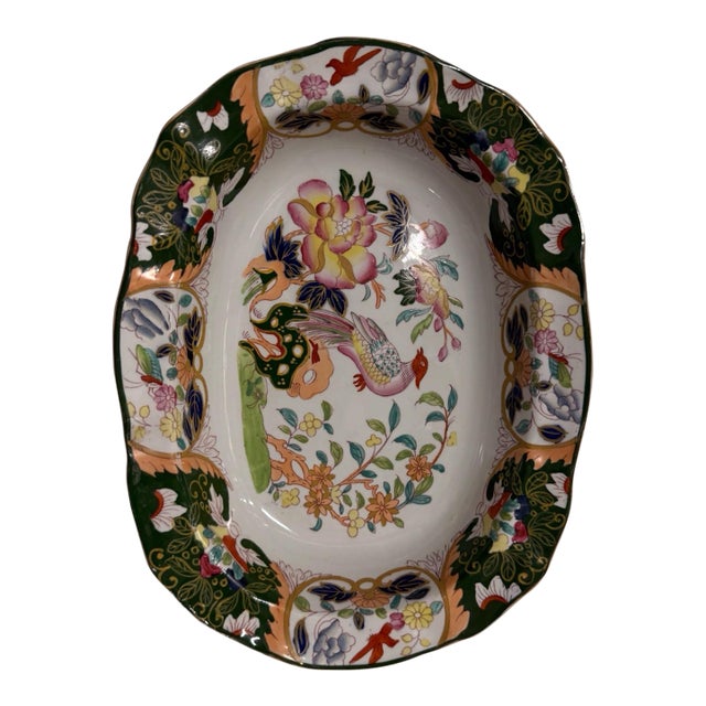 Antique English Ironstone Chinoiserie Floral & Bird Serving Bowl For Sale