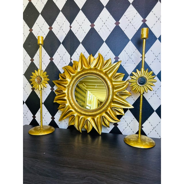 1970s 1970s Midcentury Modern Gold Sunburst Wall Mirror, Hollywood Regency-Style , 15" For Sale - Image 5 of 18