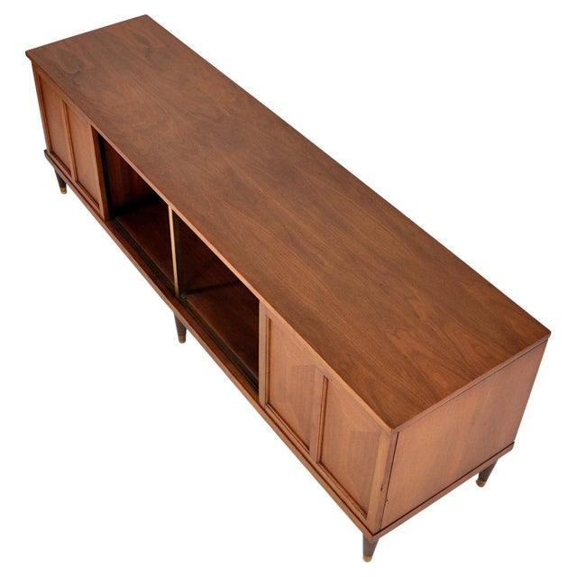 MidCentury Modern Walnut, Brass and Glass Credenza Media Console Bar