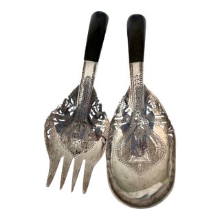 Vintage Ornate Malaysian Silver Serving Spoon and Fork With Horn Handles For Sale