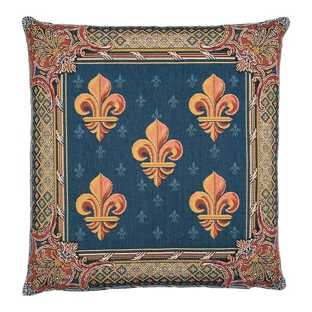 Fleur De Lys-Blue Tapestry Cushion With Feather Filler - 46x46cm (18"x18") For Sale