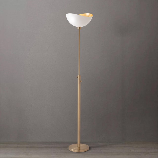 Mid-Century Modern Minimalist Luna Torchiere Floor Lamp 70" H - Mid-Century Modern, White Gold Shade, Weathered Brass, Dimmable, Bulb Included For Sale - Image 3 of 7