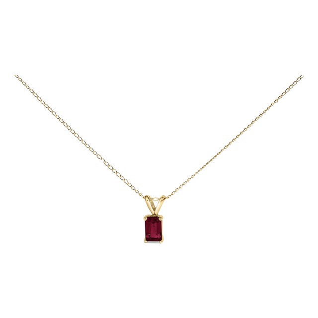 14K Yellow Gold 6x4MM Emerald Cut Red Ruby Solitaire Pendant Necklace For Sale