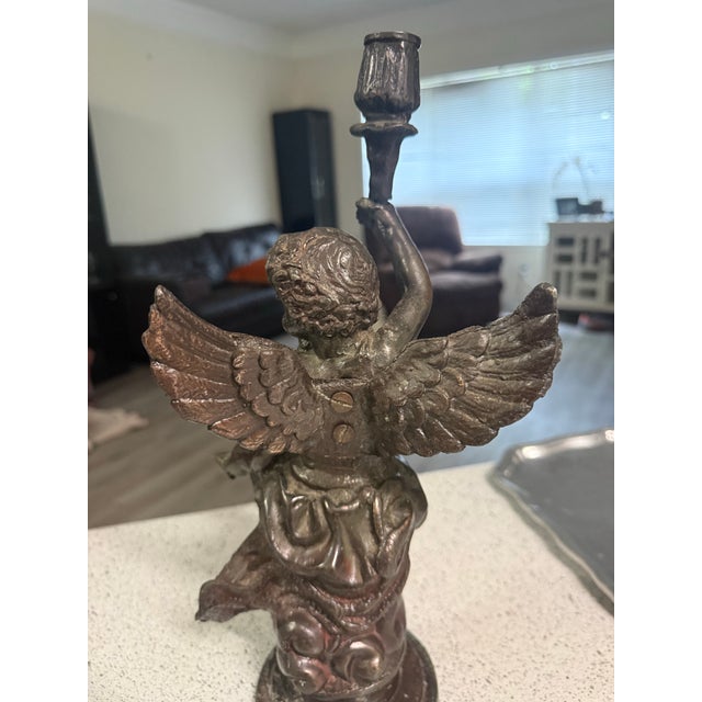 Antique Bronze Cherub Holding a Torch Candle Holder 14in For Sale - Image 4 of 9