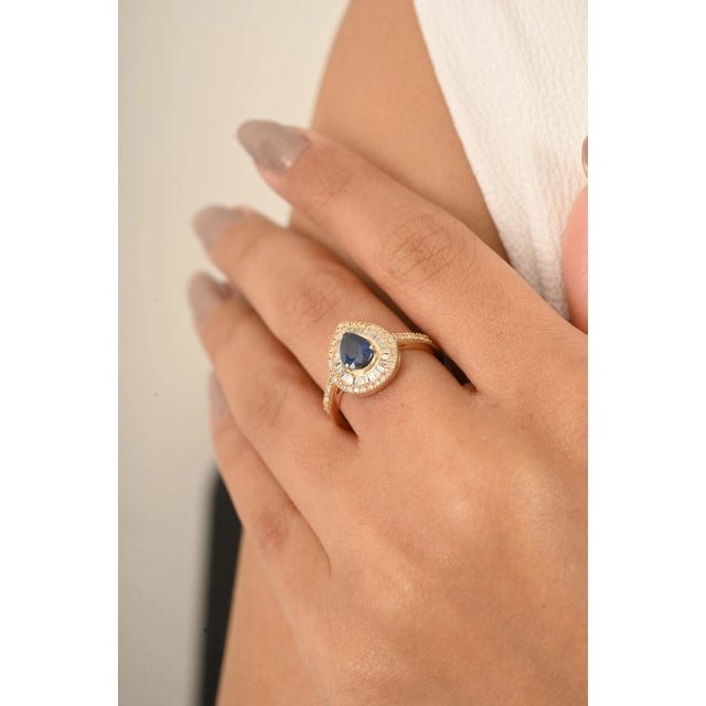 Pear Shape Blue Sapphire Halo Diamond Vintage Engagement Ring Size 6.5 For Sale - Image 9 of 14