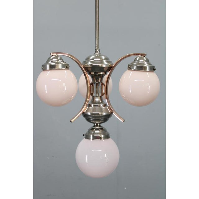 Czech Art Deco Nickel Chandelier with Rose Opaline Glass Globes, 1930s For Sale - Image 4 of 15