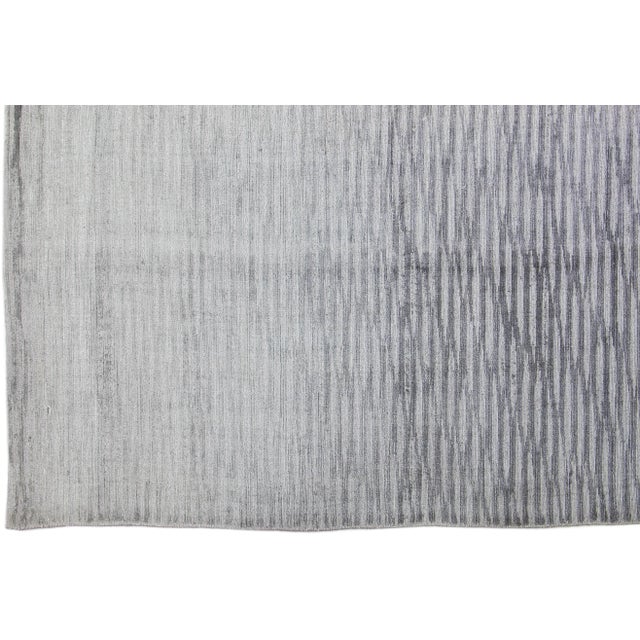 2010s Gray Modern Handmade Wool & Silk Rug With Stripe Design For Sale - Image 4 of 7