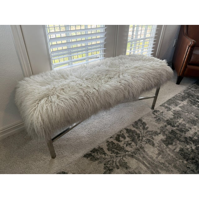 Wilshire House Pasargad Home Mongolian Lamb Fur Bench in Cream With Brushed Metal X‑Base For Sale - Image 4 of 8