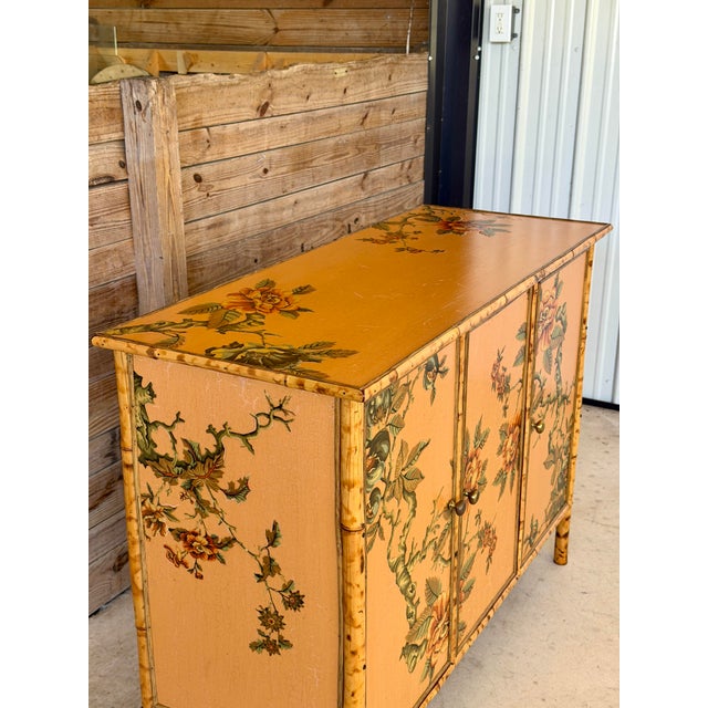 Vintage Coastal Tortoise Bamboo Sideboard Cabinet With Floral Decoupage & Crackle Finish For Sale - Image 11 of 12