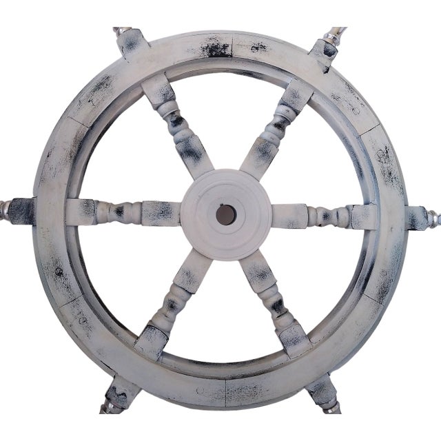 Vintage Nautical Handcrafted White Wooden Ship Wheel With Aluminium Handle For Sale - Image 4 of 6