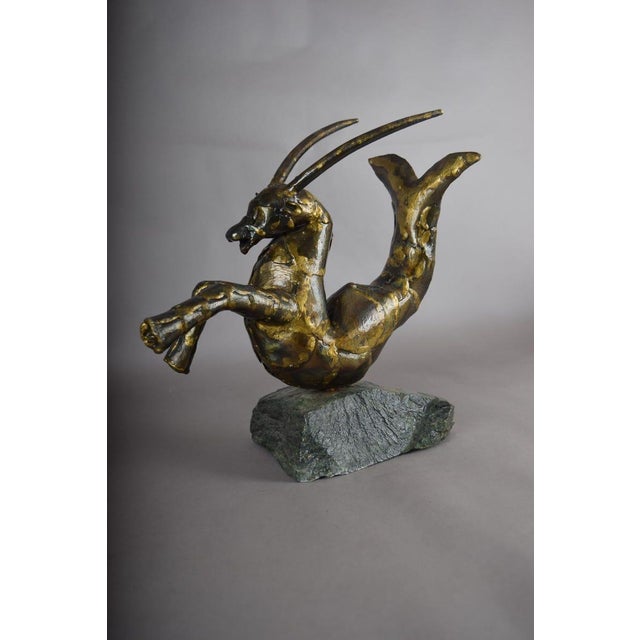 Bronze Bronze Capricorn Sculpture, Signed Faust 1994 — Mythical Zodiac Form on Stone Base For Sale - Image 8 of 14