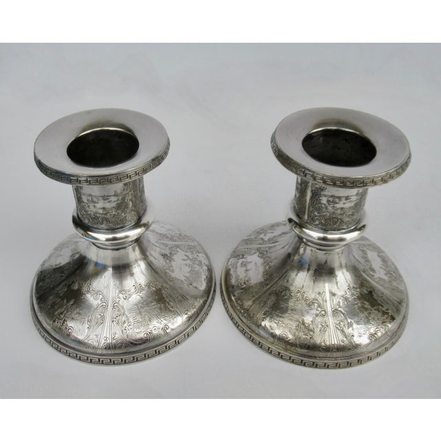 Vintage Victorian Era Heritage Sterling Co. Silver Plate Greek Key Repousse' Candle Holders -Pair For Sale - Image 10 of 12